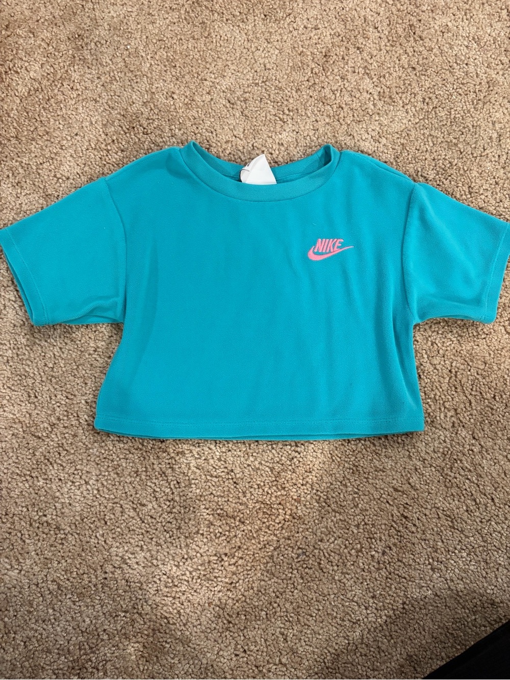 Nike Teal Cropped Tee with Pink Swoosh